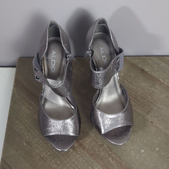 Metallic leather strappy platform heel sandals Aldo pewter - Picture 7 of 7